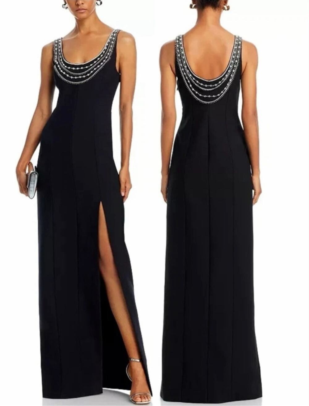 Cinq à Sept Black Embellished Sleeveless Formal Evening Gown Side Slit Size 8